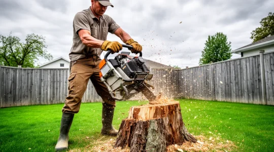 Arboriculteur opérant une dessoucheuse professionnelle sur un terrain résidentiel québécois