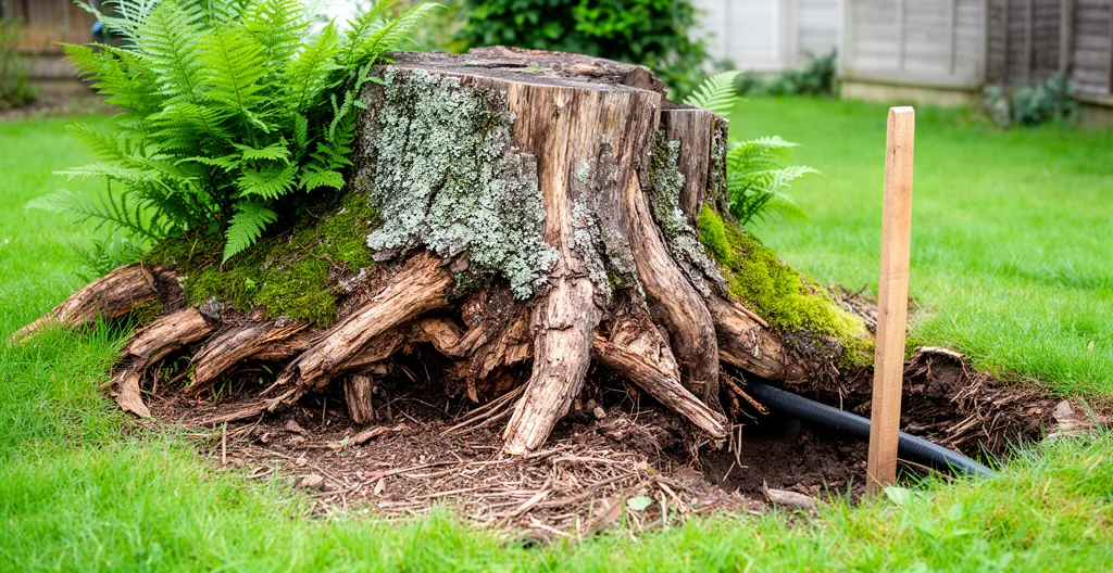 Souche d'arbre imposante avec racines apparentes près d'un piquet de marquage