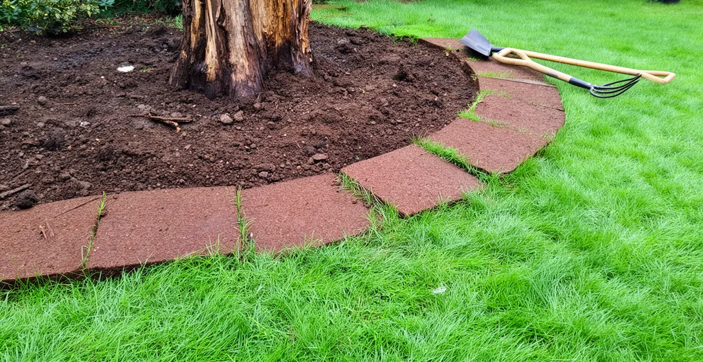 Zone de jardin avec terre fraîche et tourbe nouvellement posée après essouchage