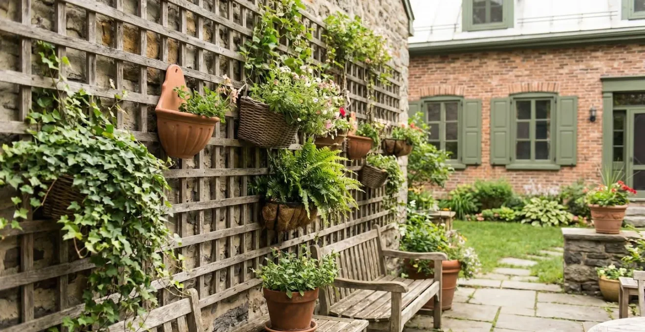 Mur de terrasse avec treillis en bois, jardinières suspendues et plantes grimpantes en pot
