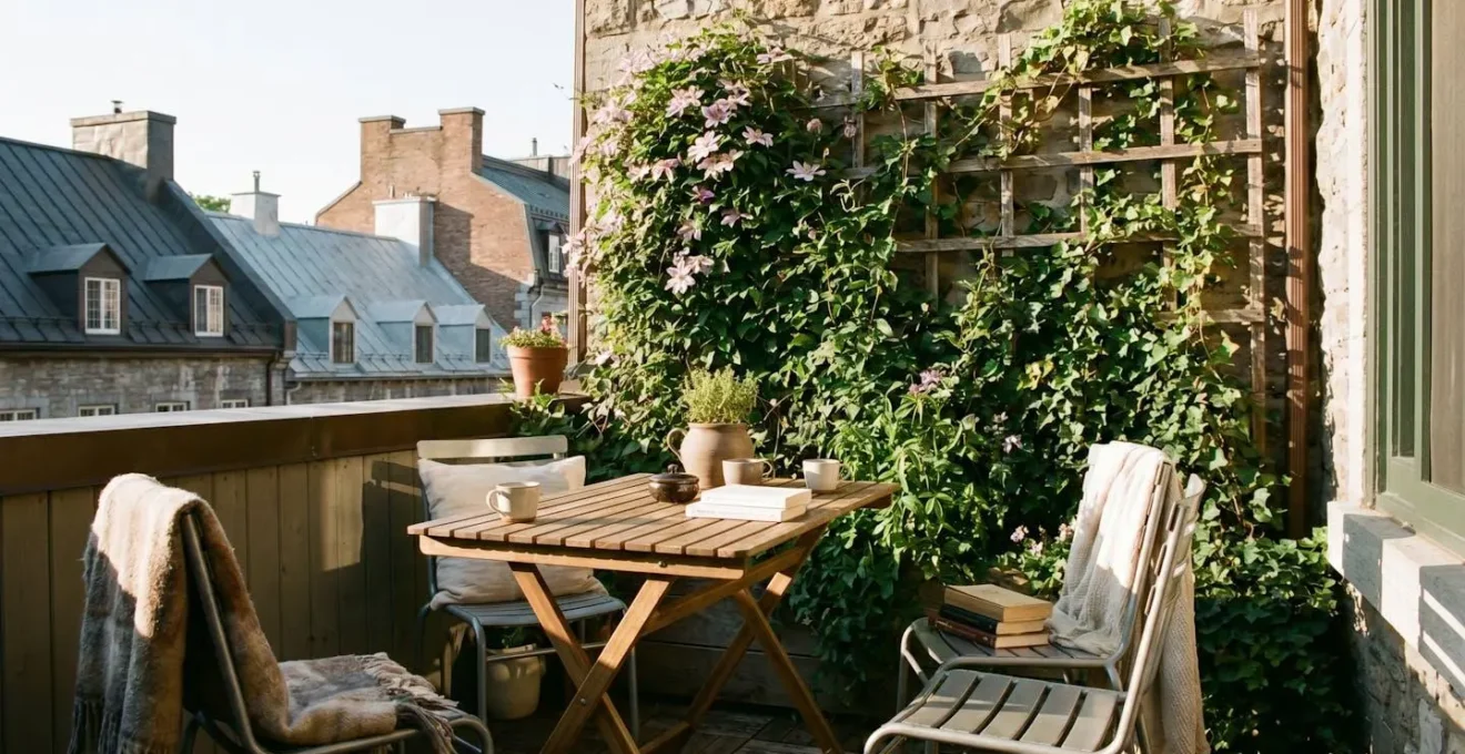 Petite terrasse urbaine aménagée avec table pliante, chaises empilables et végétaux en hauteur