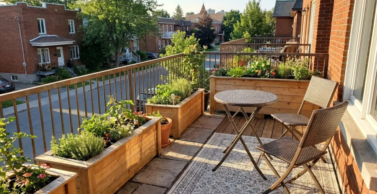 Terrasse compacte avec bacs rectangulaires alignés sur garde-corps et zone repas bien délimitée